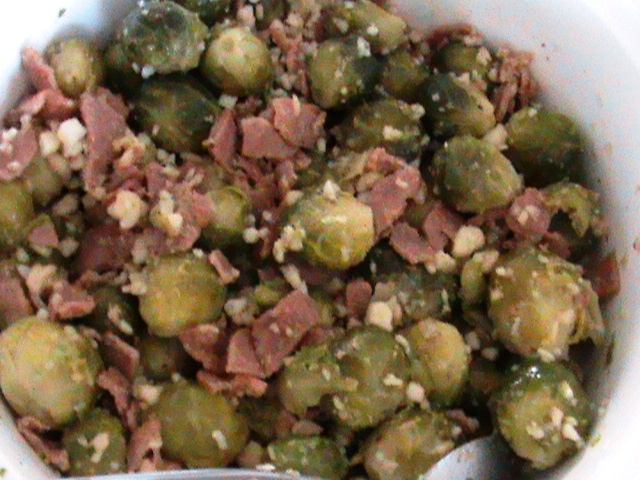 Brussels sprouts, bacon and macademia nuts